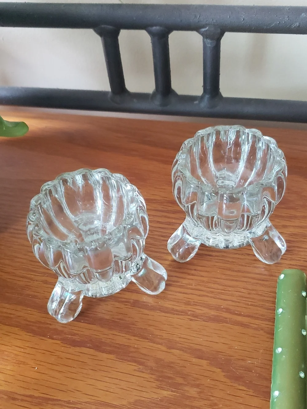 Vtg Clear Glass Triple-Leg  Candlestick Holders with Green Decorative Candles